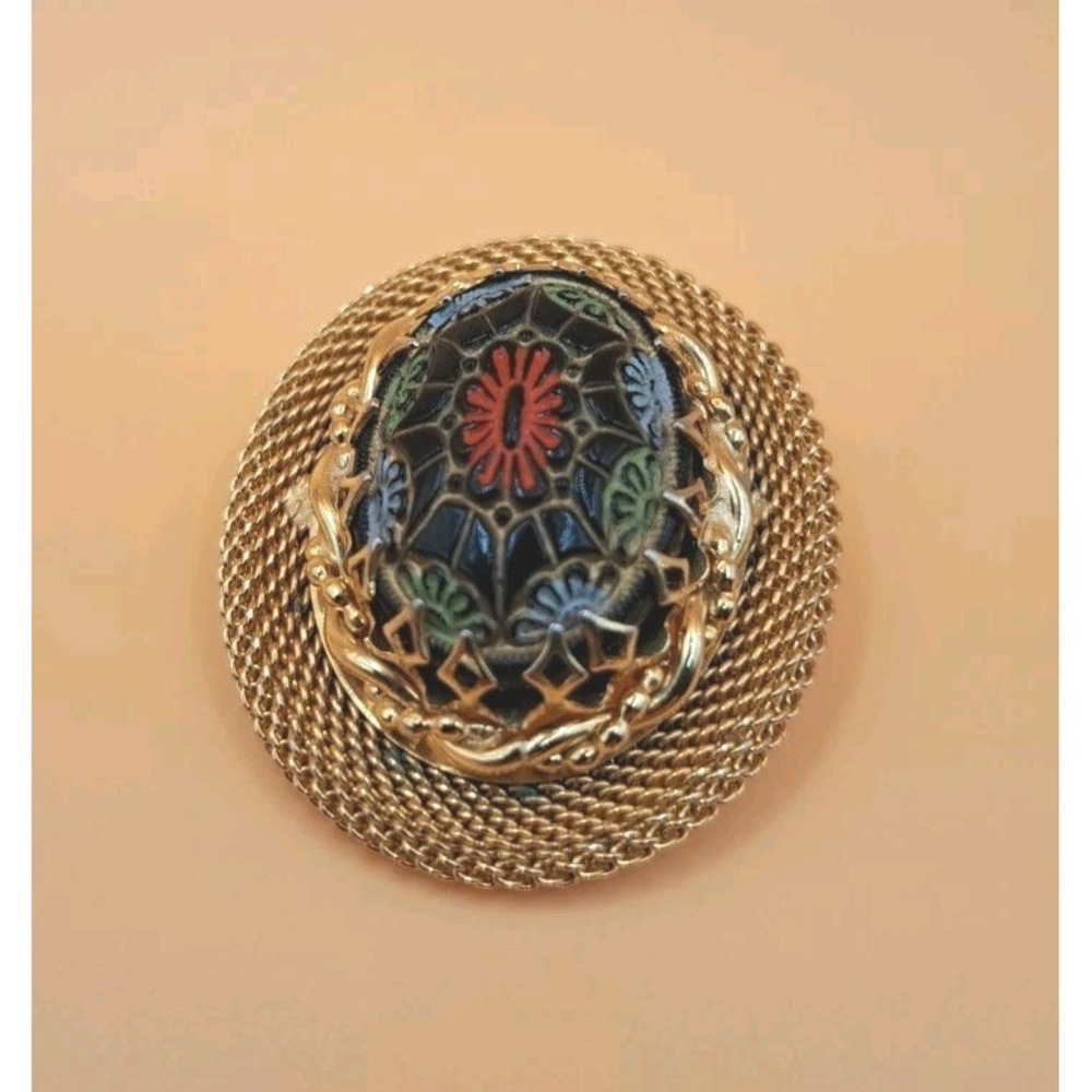 Vintage Unique Dark Cabachon Gold Tone Filigree Moroccan Matrix Brooch Unsigned